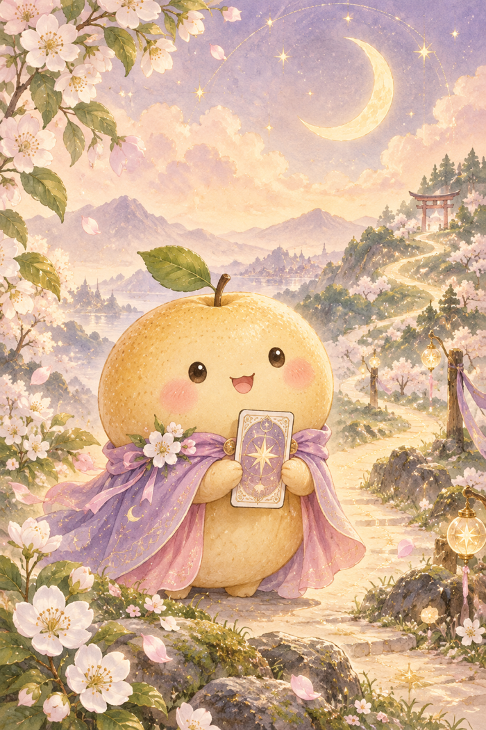 梨の小さな案内役がオラクルカードを持っているイラスト